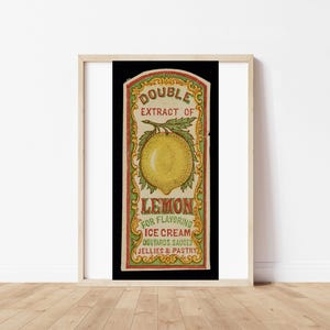 May include: Vintage label for Double Extract of Lemon for flavoring ice cream, custards, sauces, jellies and pastry. The label features a yellow lemon with green leaves on a black background.