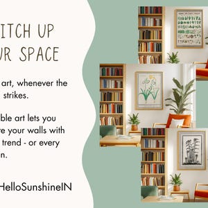 Puede incluir: La imagen muestra impresiones bot&aacute;nicas enmarcadas y texto que dice "SWITCH UP YOUR SPACE". Las impresiones se exhiben en una sala de estar con estanter&iacute;as, sillas naranjas y plantas. El texto promociona arte imprimible para actualizar las paredes.