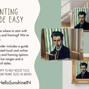 Puede incluir: La imagen muestra impresiones art&iacute;sticas enmarcadas con un retrato de un hombre con traje oscuro. Las impresiones se muestran en varios marcos, incluido un marco dorado ornamentado. El texto a la izquierda dice "PRINTING MADE EASY".