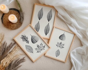 Fall Leaves Holiday Hosting Decor Neutral Color Poster Set of 3 Print Beige Decor Living Room Wall Art Autumn Leaf Pattern Printable Art