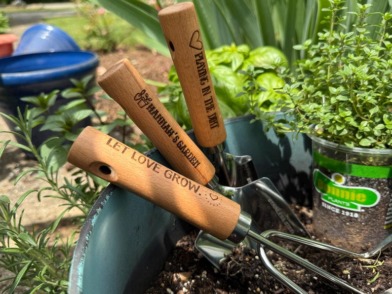Personalized Garden Tools Custom Garden Set Mother Day Special Tool Collection Wooden Handle Design Quality Construction Stainless Steel Head Beautiful Engraved Details Birthday Present Garden Maintenance Kit Professional Grade Equipment