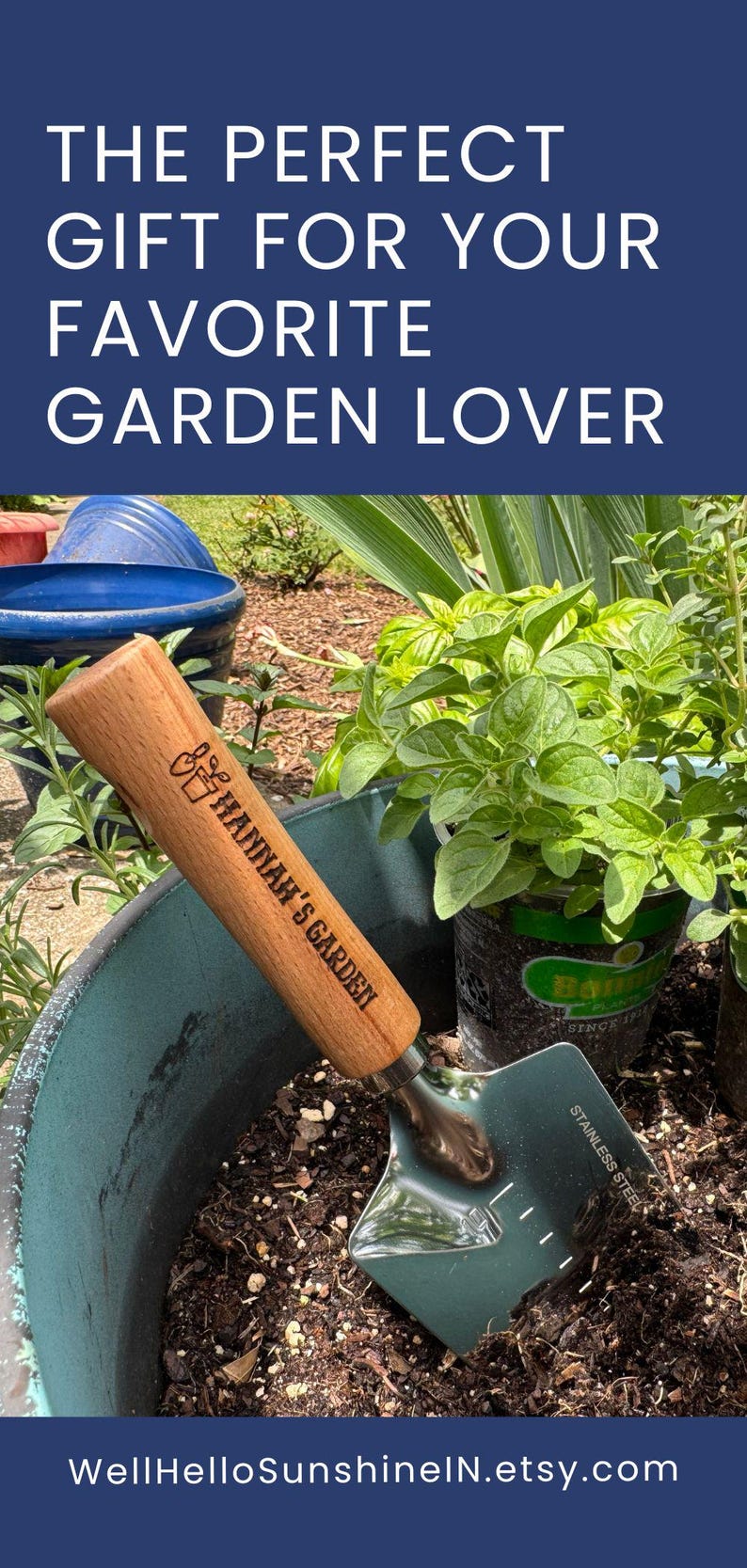 May include: A gardening trowel with a wooden handle engraved with "Hannah's Garden" rests in a teal pot filled with soil. The image includes text that reads "The Perfect Gift for Your Favorite Garden Lover."