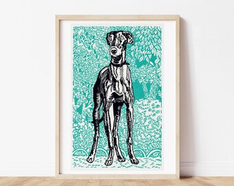 May include: A black and white illustration of a dog standing in a teal green forest. The dog is a greyhound with long legs and a long snout. The forest is filled with trees and bushes.