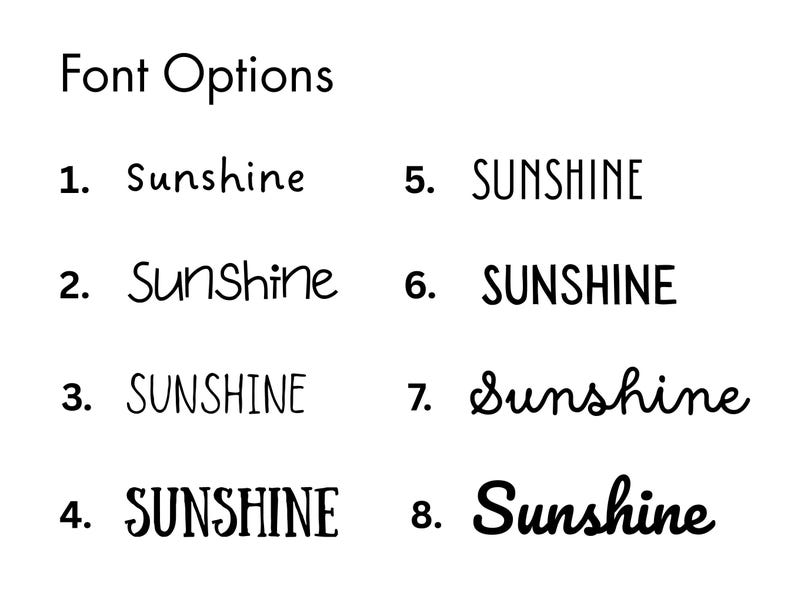 May include: Image displaying eight font options for the word "Sunshine". The fonts vary in style, including sans-serif, cursive, and bold. The text "Font Options" is at the top. The fonts are numbered 1 through 8.
