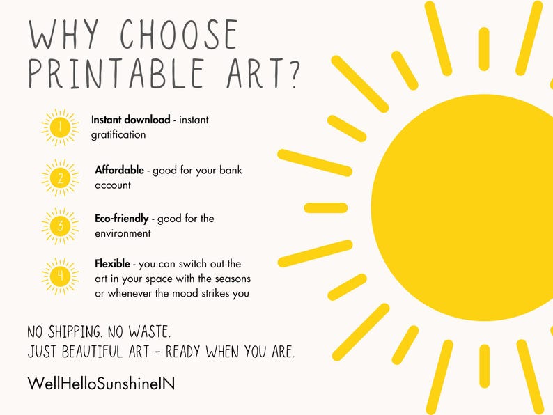 Puede incluir: Un p&oacute;ster color crema con el texto "WHY CHOOSE PRINTABLE ART?" y un gran sol amarillo. El texto enumera beneficios como descarga instant&aacute;nea, asequibilidad y respeto al medio ambiente. La parte inferior del p&oacute;ster dice "JUST BEAUTIFUL ART - READY WHEN YOU ARE."
