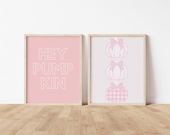 Coquette Pumpkin Typography Print Pink Gingham Pumpkin Set of 2 Poster Thanksgiving Printable Preppy Seasonal Dorm Room Subtle Holiday Decor