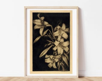 Moody Lily Flower Print, Vintage Floral Wall Decor, Dark Academia Art (Digital Download)