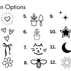 May include: A white background displays a selection of 12 black line-art icons. The icons include hearts, a bow, a flower, plants, stars, a cat face, a bee, a crescent moon, and a sun. The text "Icon Options" is at the top.