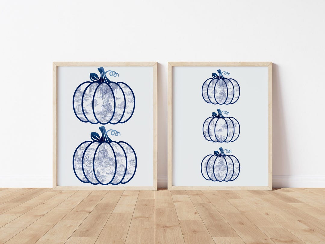 Blue Toile De Jouy Pumpkin Print Set, Subtle Summerween Decor ...