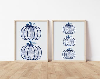 Blue Toile de Jouy Pumpkin Print Set, Subtle Summerween Decor, Monochrome Seasonal Holiday Decor, Minimalist Fall Decor, Printable Wall Art
