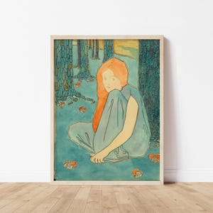 Vintage Magazine Illustration Print Art Nouveau Style Poster Lady in Forest Nature Scene Printable Art Living Room Cozy Bedroom Wall Decor