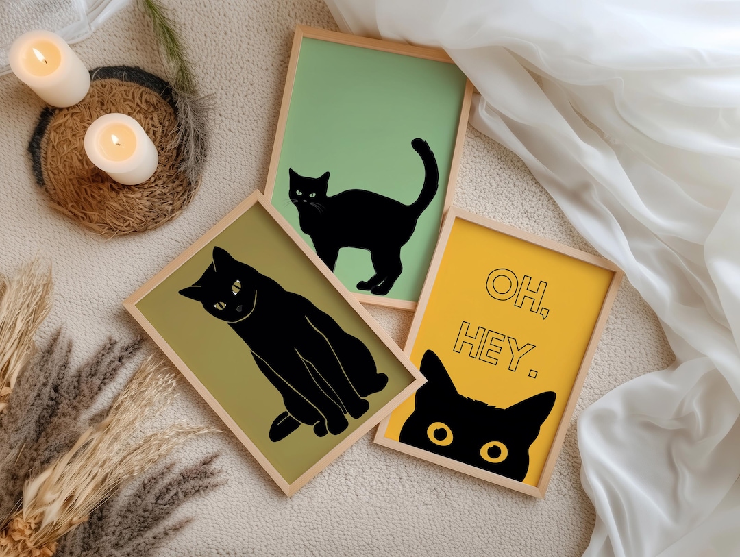 Black Cat Decor, Set of 3 Prints, Colorful Triptych Wall Art, Cat ...