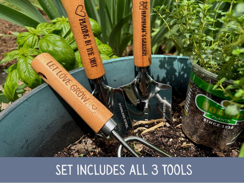 Personalized Garden Tools Custom Garden Set Wooden Handle Tools Stainless Steel Head Construction Quality Design Hand Planting Equipment Garden Collection Mother Day Gift Special Birthday Present Beautiful Engraved Details Garden