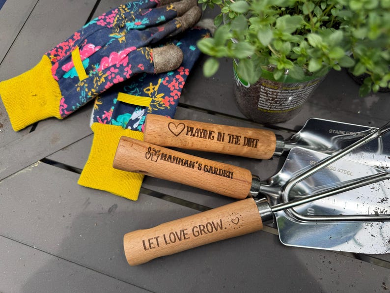 Personalized Garden Tool Set Custom Engraved Wooden Handle Collection Stainless Steel Head Design Premium Quality Construction Mother Day Gift Birthday Present Special Garden Maintenance Kit Professional Grade Tools Hand Planting Equipment