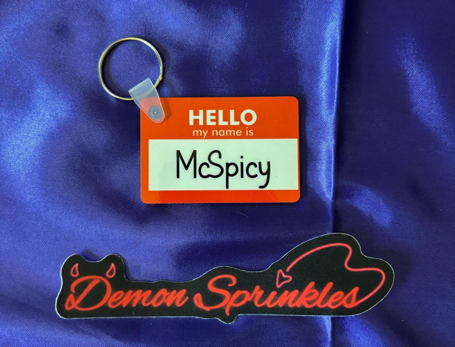 Scythe and Sparrow Inspired Hello My Name Is: McSpicy - Double sided Keychain- Butcher and Blackbird - Ruinous Trilogy- Dark Romance