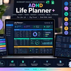 Peut inclure: Un planificateur de vie numérique ADHD Life Planner+ affiché sur un ordinateur portable, un smartphone et une tablette. L'interface présente des tableaux de bord en mode sombre pour les objectifs, tâches, budget et suivi.