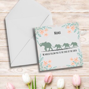 Carte de fête des mères personnalisée, design mignon éléphant, carte de voeux carrée premium. Option d'envoi direct.