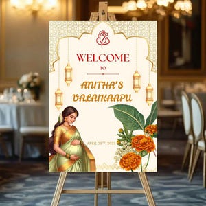 Cartello di benvenuto Tamil Valaikaapu, decorazioni per baby shower in India meridionale, poster per baby shower con mamma in sari, cartello culturale per bambini, cartello di benvenuto per bambini indiani