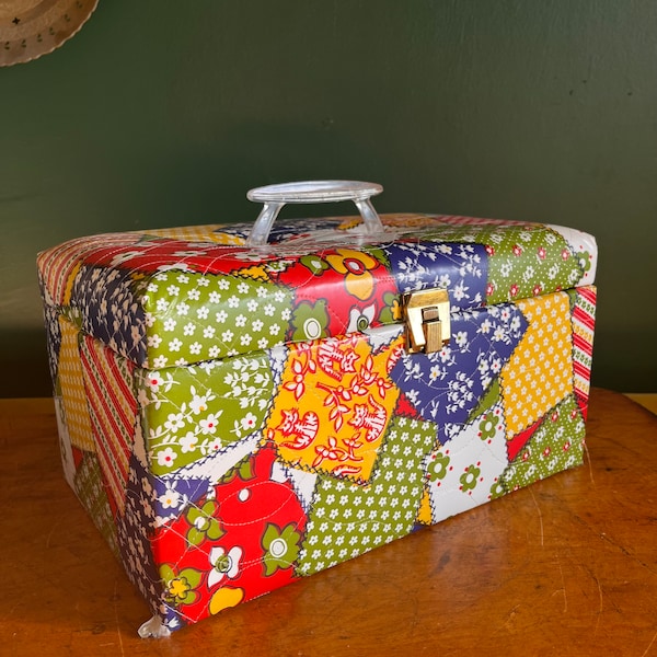 Vintage Patchwork Colorful Vinyl Sewing Case Sewing Tote Lucite Handle Hippie Bohemian