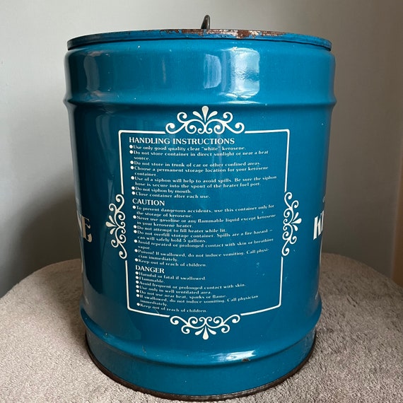 Vintage 5 Gallon Kerosene Can Retro Graphics Teal White Lettering