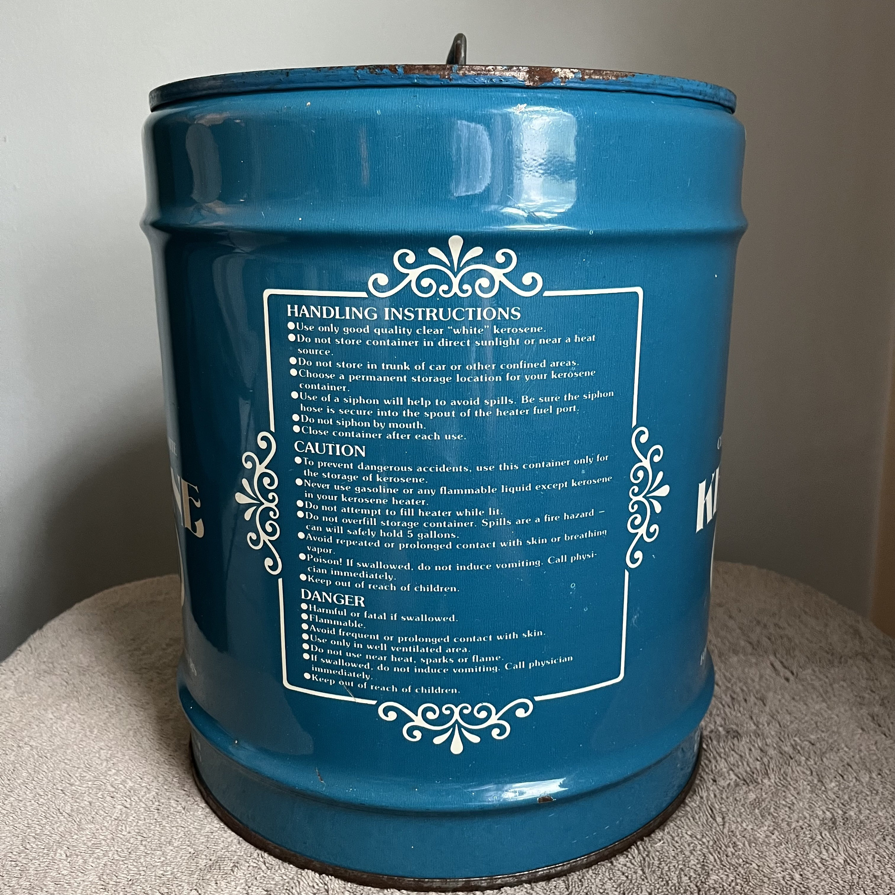 Vintage 5 Gallon Kerosene Can Retro Graphics Teal White Lettering