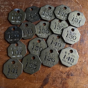 Vintage Brass B. E. Co. Tool Check Tag. Numbered.  Industrial Craft Supplies.