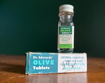 Dr. Edwards’ Olive Tablets Tin Vintage Medicine Glass Bottle With Contents Vintage Bathroom Display Decor TV Movie Prop Pharmacy