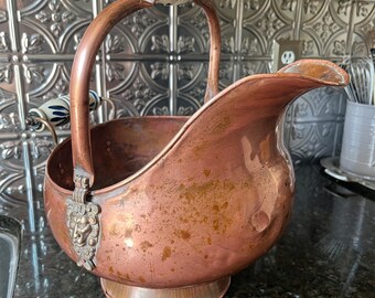 Vintage Extra Large Copper & Delft Blue Scuttle Bucket, Ash Bucket, Fireplace Decor, Copper Planter, Farmhouse, Rustic