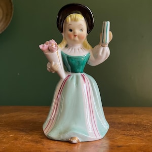 Vintage Napco Girl Holding Bouquet of Flowers Black Dress Figurine