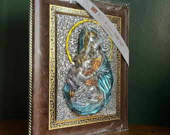Vintage Made in Italy Creazioni Artistieke driedimensionale zilveren wandplaat ingelijste kunst van Madonna en het kindje Jezus