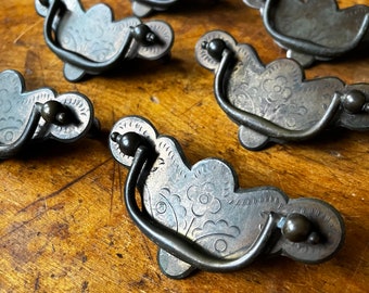 Set of 6 Vintage Drawer Pulls with Beautiful Patina. Furniture Restoration.  DIY. Floral Brass