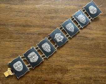 Vintage 1920s Gold Black Damascene Japanese Mask Bracelet