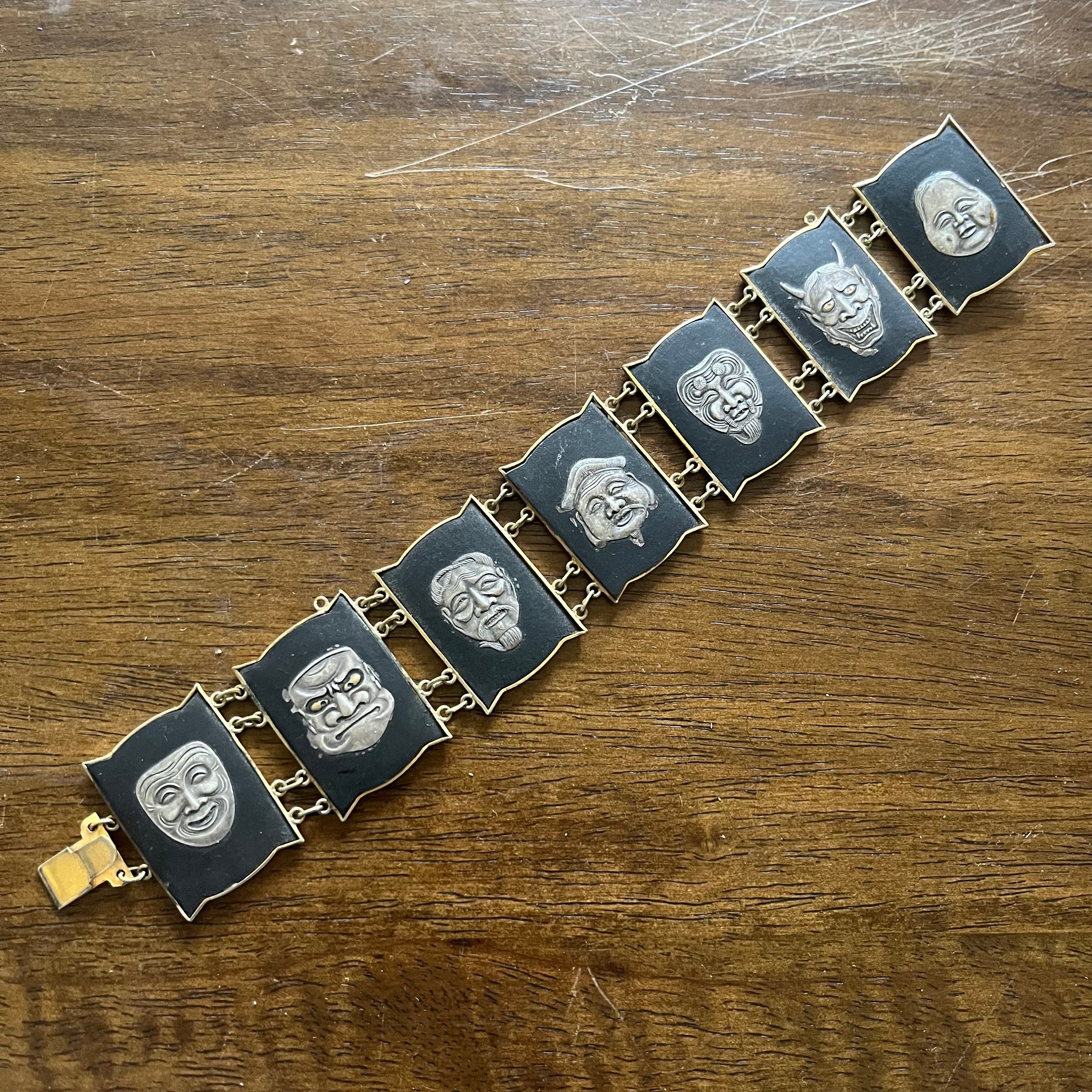 Vintage 1920s Gold Black Damascene Japanese Mask Bracelet