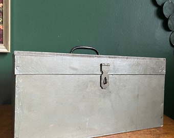 Vintage Grey Green Tool Box with Carrying Handle and Metal Latch. Industrial Rustic Urban Garage Man Cave