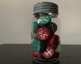 Vintage Canadian Jewel Mason Jar with Crown Glass Lid with Chinese Game Pieces. Made in Canada.