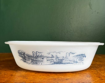 Vintage Currier and Ives 1 Quart Casserole Dish. Glasbake