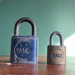 Vintage Blue and Brass Yale Padlock No Key Antique Lock Antique Padlock Set of 2