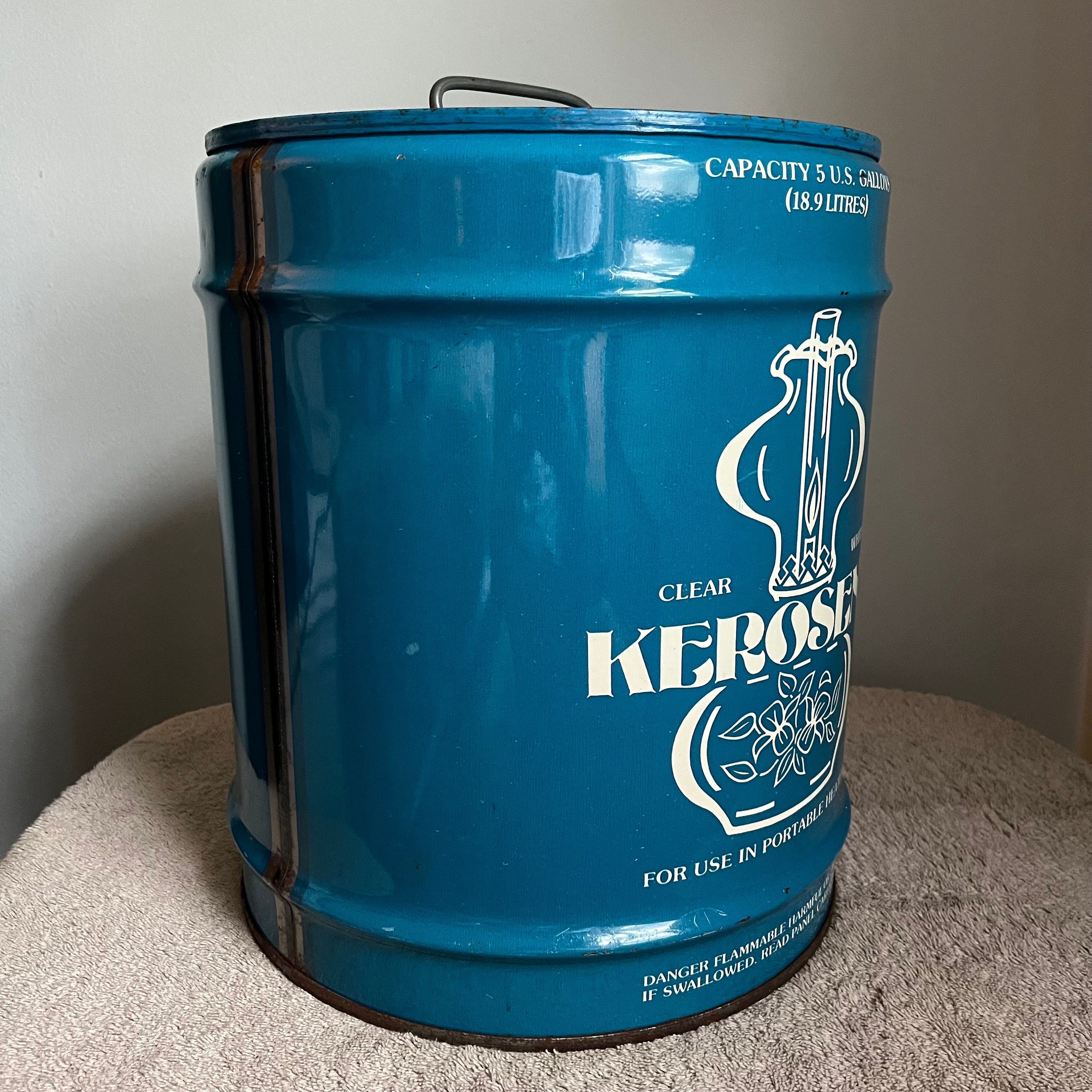 Vintage 5 Gallon Kerosene Can Retro Graphics Teal White Lettering