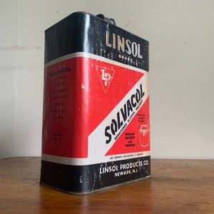 Industrial Chic.  Vintage Red and White Linsol Products Co. Solvacol . Denatured Alcohol Solvent. Paper Label.  Newark, NJ. Made in USA.