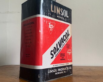 Industrial Chic.  Vintage Red and White Linsol Products Co. Solvacol . Denatured Alcohol Solvent. Paper Label.  Newark, NJ. Made in USA.