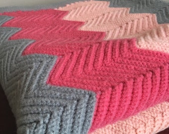Vintage Handmade Zig Zag Afghan Crochet Blanket in Grey and Pink.