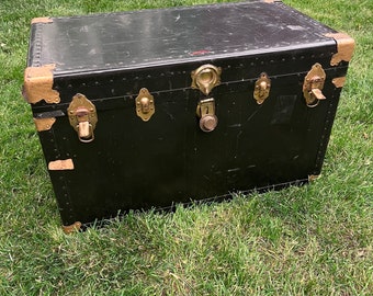 Antique Black Steamer Trunk Labels Gold Rivets Hardware Macys Herald