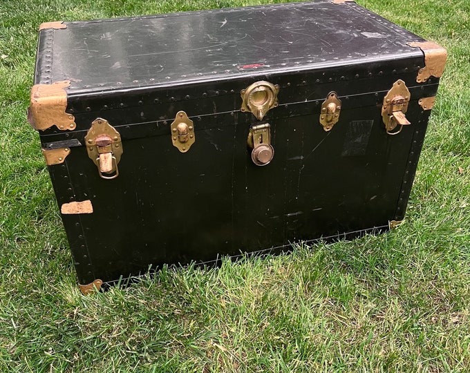 Antique Black Steamer Trunk Labels Gold Rivets Hardware Macys Herald Etsy