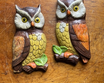 Lefton Owl Wall Decor MCM Japan Owl Wall Plaques Chalkware Rare Find