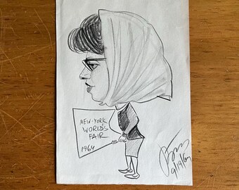 Vintage 1964 NY Worlds Fair karikatuur potloodtekening originele kunst carnaval kunst jaren 1960