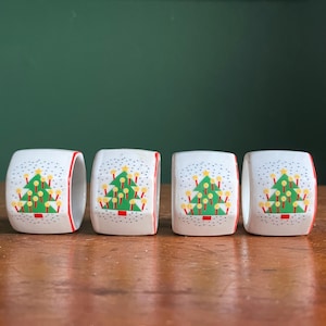 Vintage Ceramic Christmas Napkin Rings Christmas Tree 1980s Set of 4
