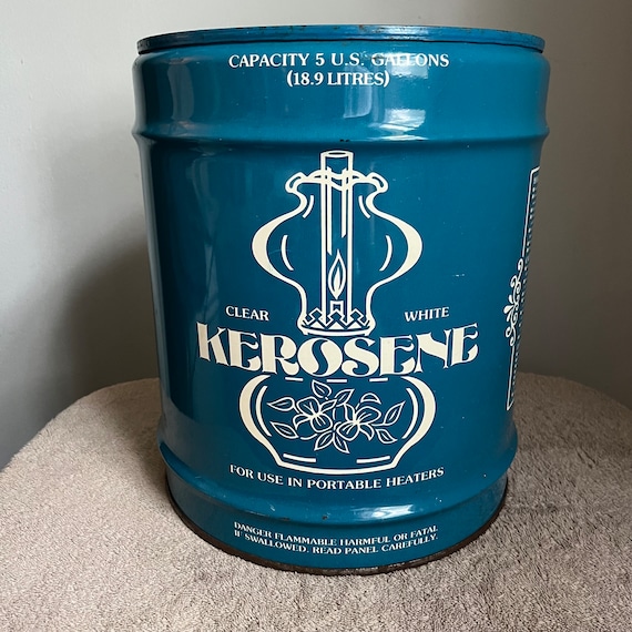 Vintage 5 Gallon Kerosene Can Retro Graphics Teal White Lettering