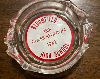 Vintage Mid Century Bloomfield NJ High School 25th Anniversary Class Reunion Red White Glass Ashtray.