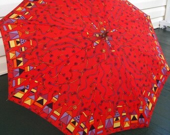 Vintage 1980s Whimsical Red Parasol or Umbrella.