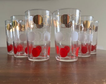 Vintage Federal Glass Red, White Gold Atomic Polka Dot Tumbler Glasses Set of 6